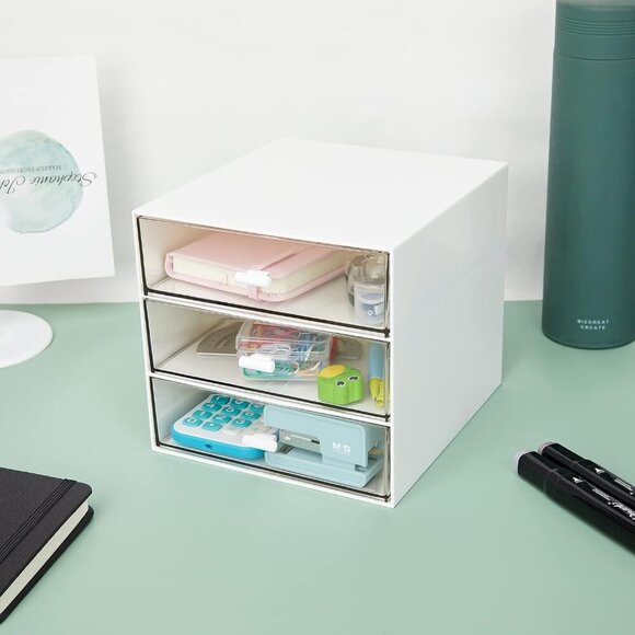 Desk Organizer with 3 Drawers, Clear Plastic Desk Storage Box, Desktop Organizat - Picture 7 of 7